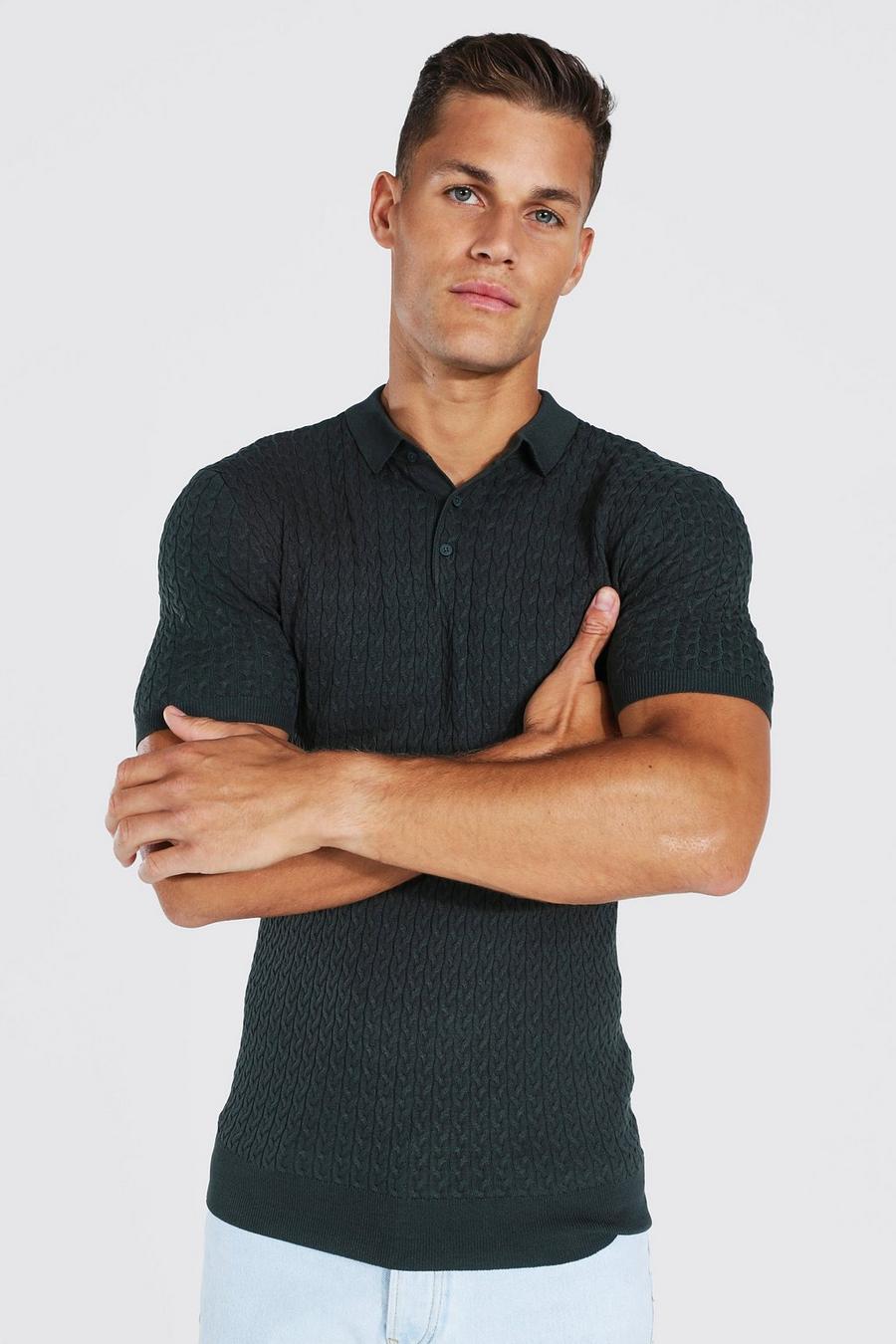 Green Tall Recycled Muscle Fit Cable Knit Polo