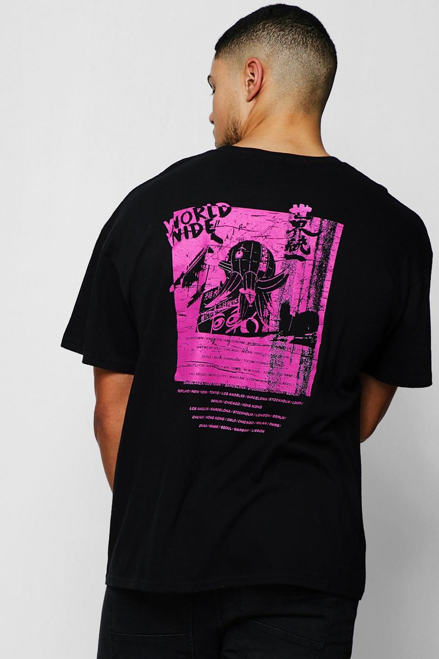 Neonpinkes T-Shirt mit Print hinten, Schwarz image number 1