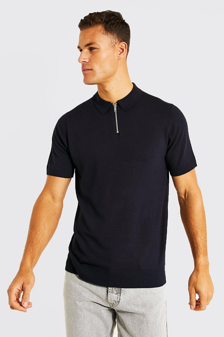 Navy Tall Half Zip Knitted Polo image number 1
