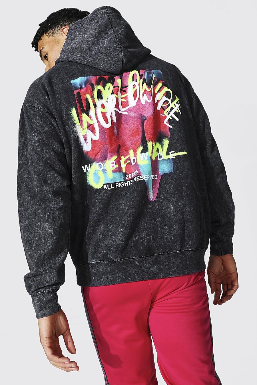Charcoal Worldwide Oversize hoodie med stentvättad effekt image number 1