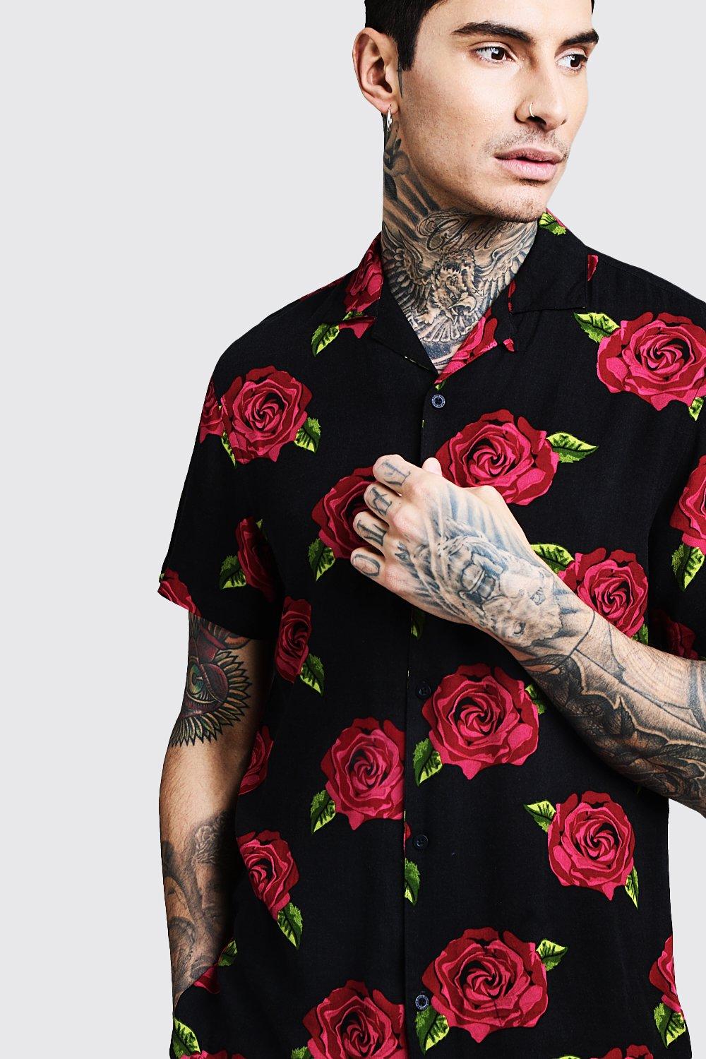 black shirt red roses