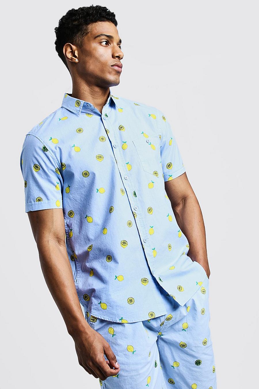 Kurzärmeliges Baumwollhemd mit Zitronen-Print, Blau image number 1