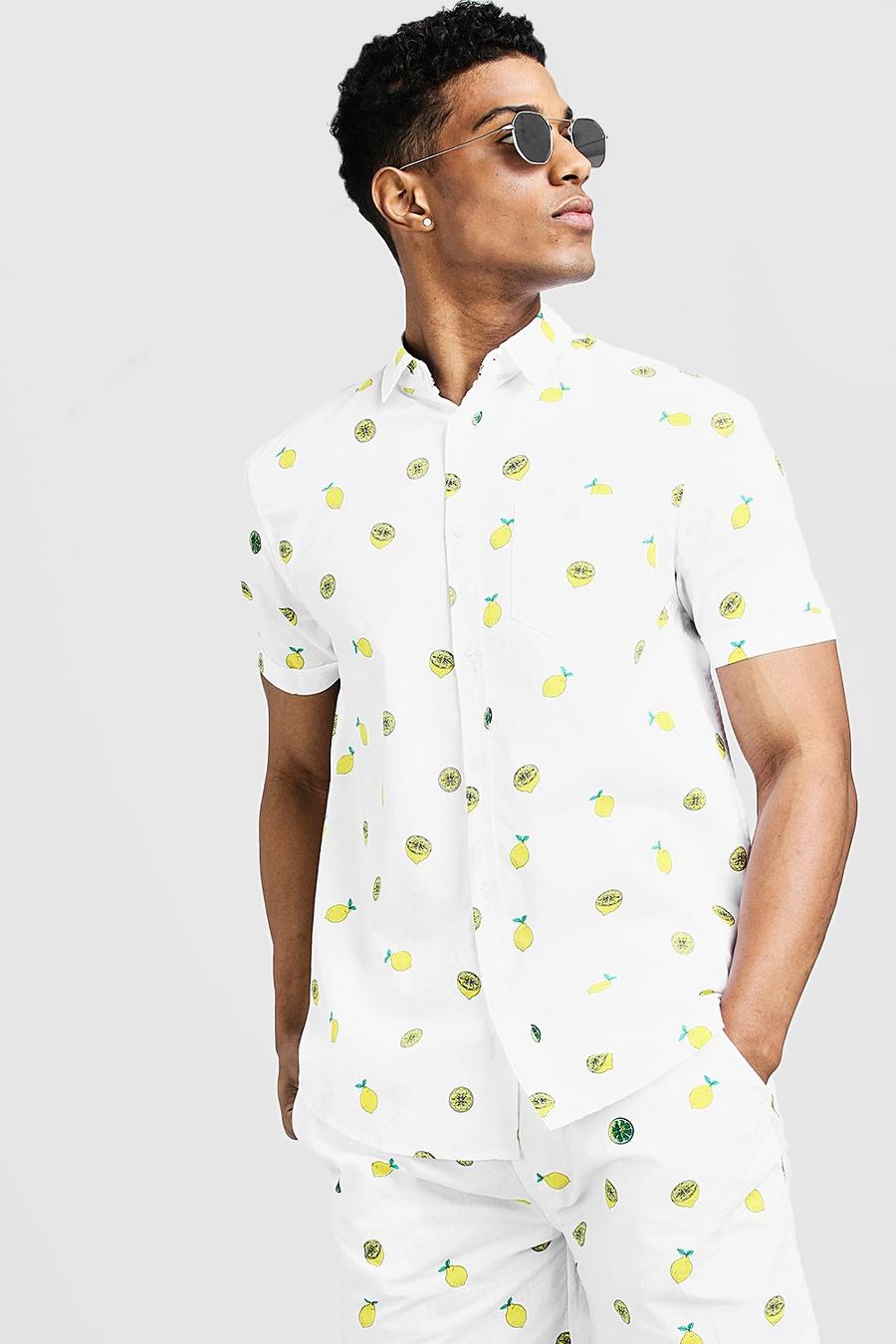 Kurzärmeliges Baumwollhemd mit Zitronen-Print, Weiß image number 1