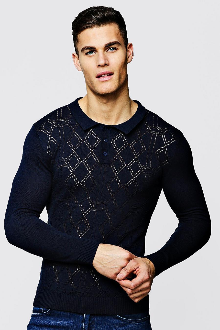 Navy blu oltremare Diamond Knitted Long Sleeve Polo image number 1