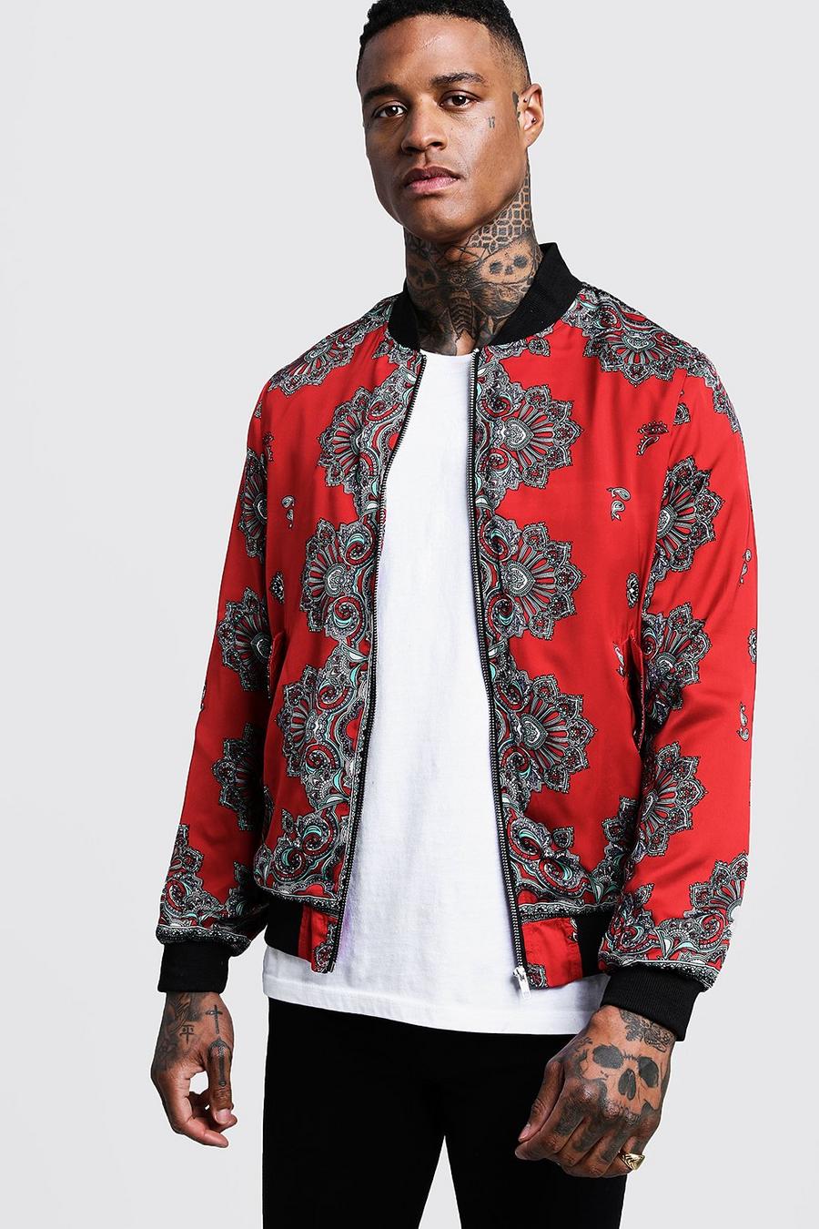 Red Paisley Sateen Bomber Jacket image number 1