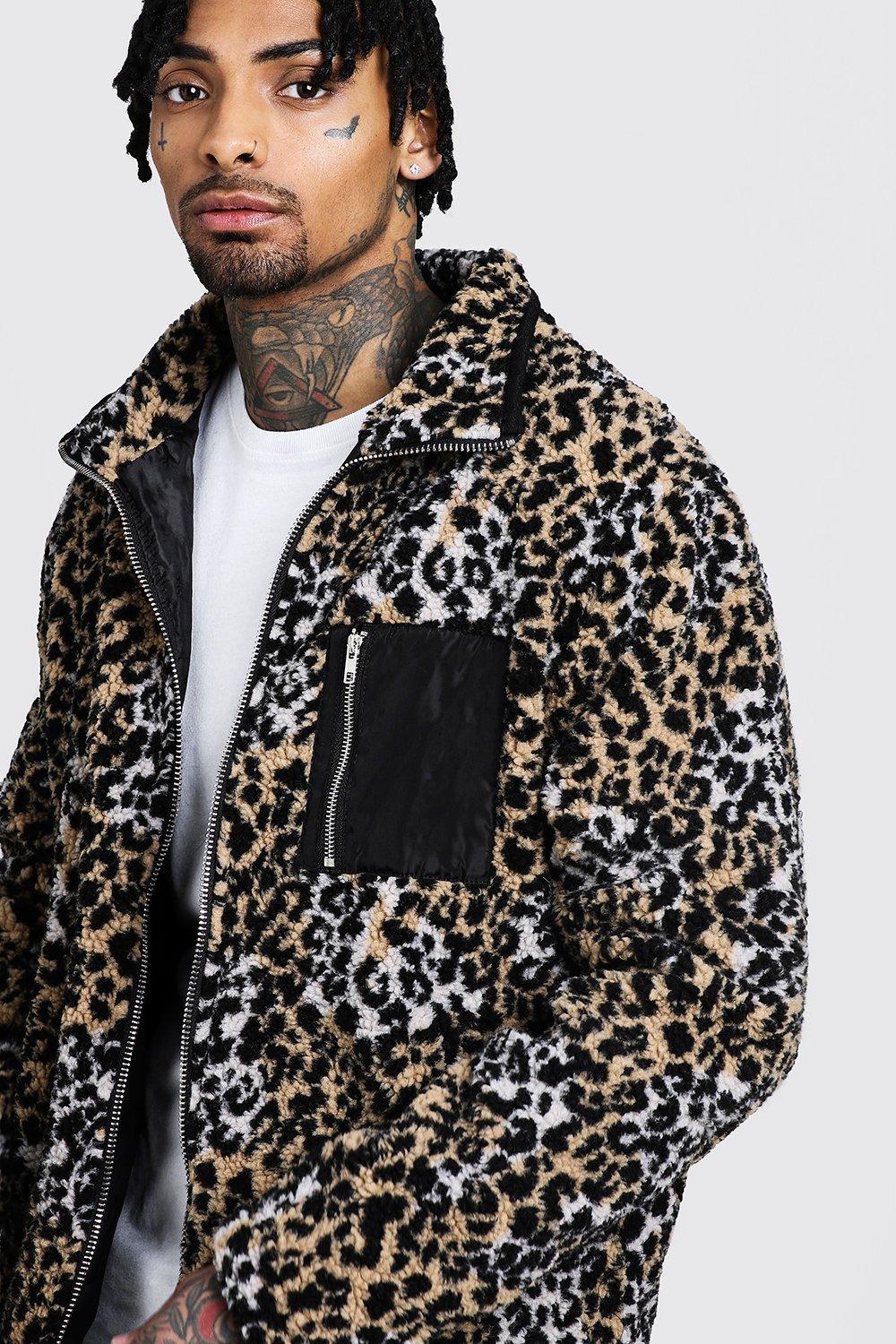 Men s Leopard Borg Jacket boohoo