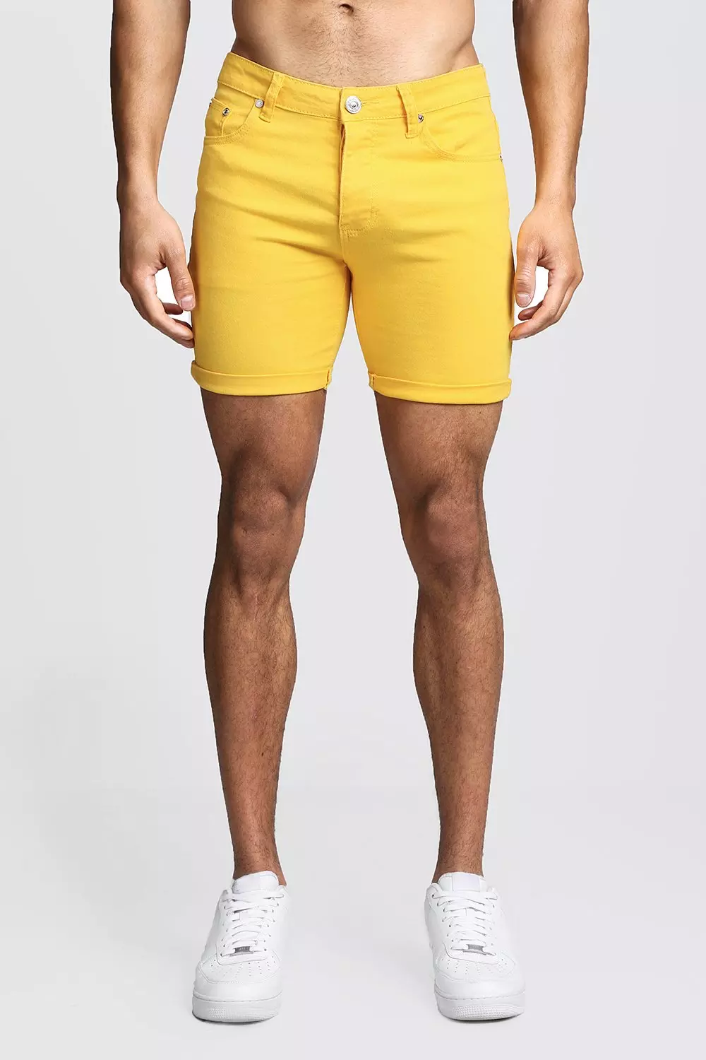 Men S Skinny Fit Yellow Denim Shorts Boohoo Uk