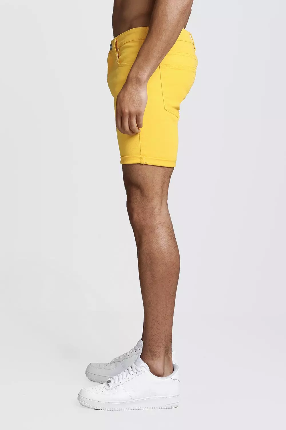 Men S Skinny Fit Yellow Denim Shorts Boohoo Uk