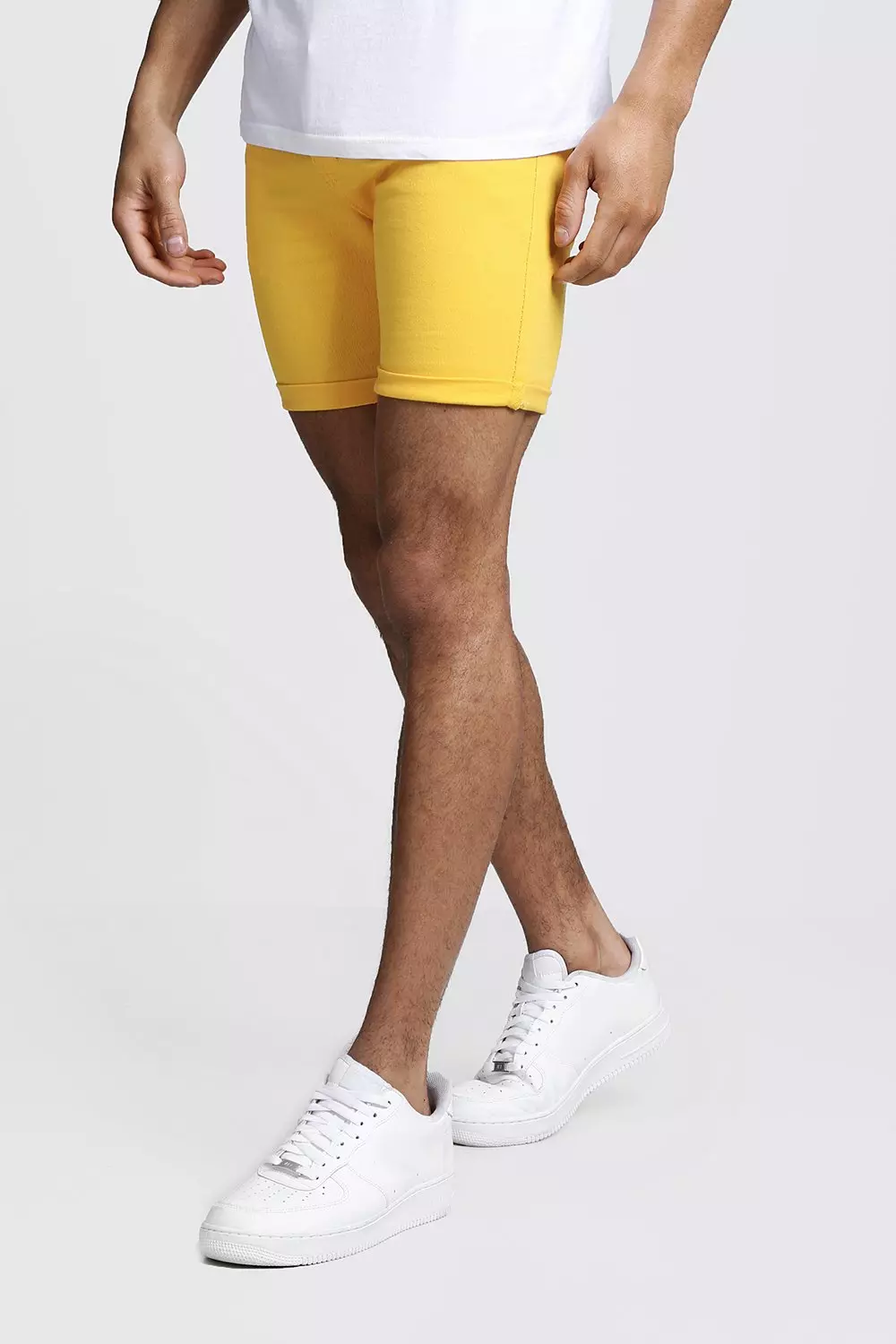 Men S Skinny Fit Yellow Denim Shorts Boohoo Uk