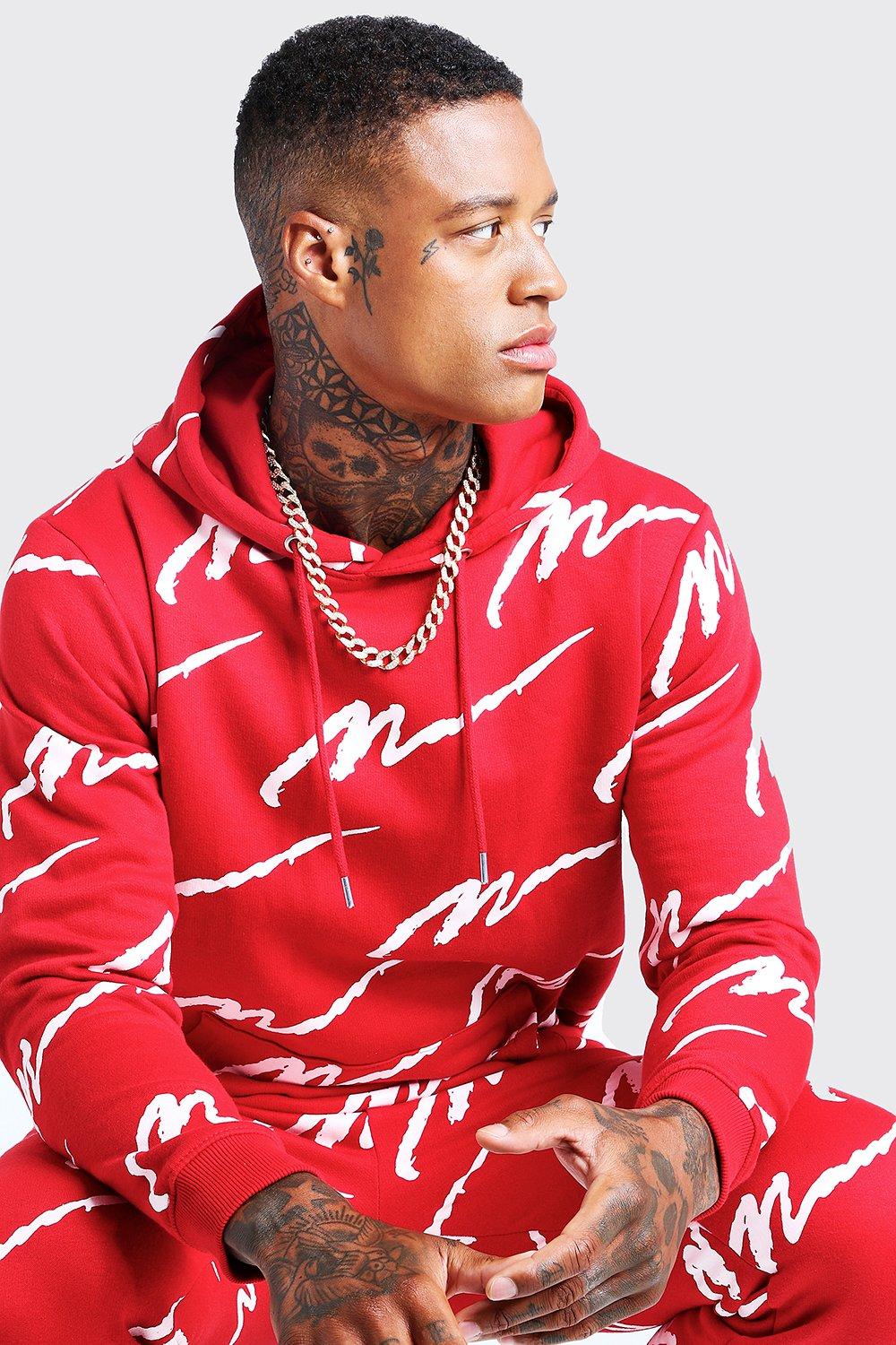 all over man printed hooded tracksuit red