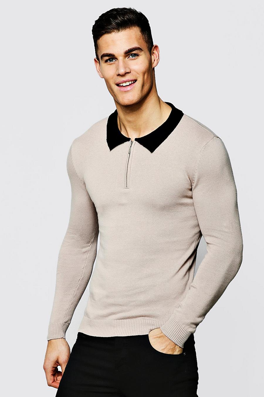 Taupe beige Long Sleeved Zip Polo With Ribbed Collar image number 1
