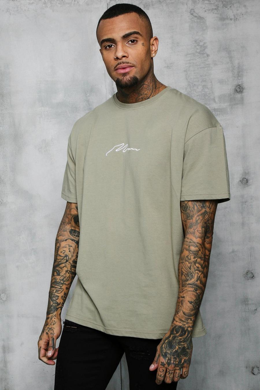 Oversize T-Shirt mit Man Signature Stickerei, Graugrünes silber image number 1