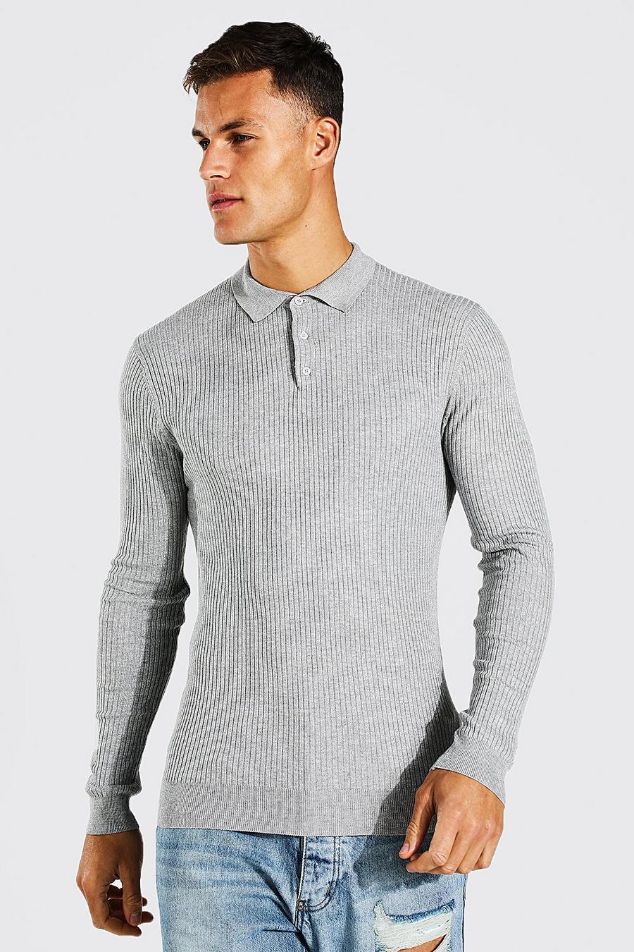 Tall geripptes Muscle-Fit Poloshirt, Grey marl image number 1