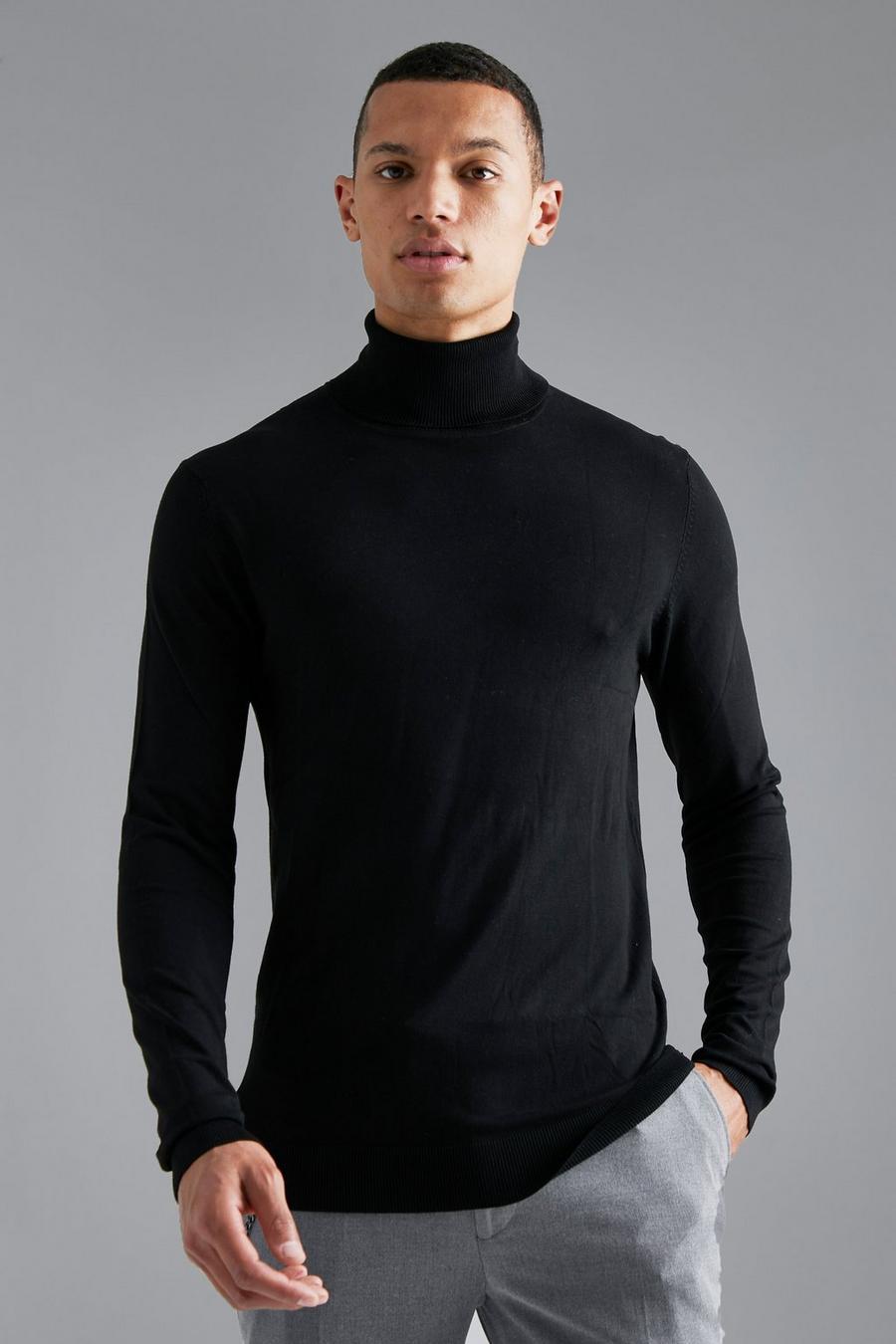 Black Tall Muscle Fit Roll Neck Jumper image number 1