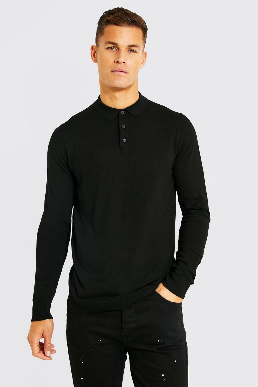 Black negro חולצת פולו סרוגה מבד ממוחזר עם שרוולים ארוכים, לגברים גבוהים