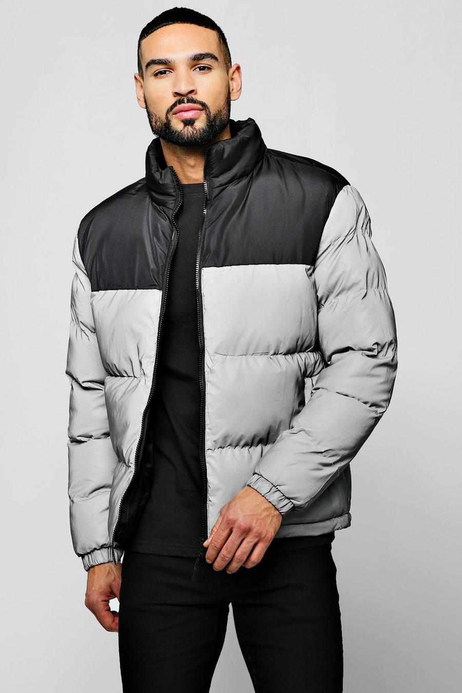 Silver Reflective Puffer Jacket With Contrast Panel image number 1