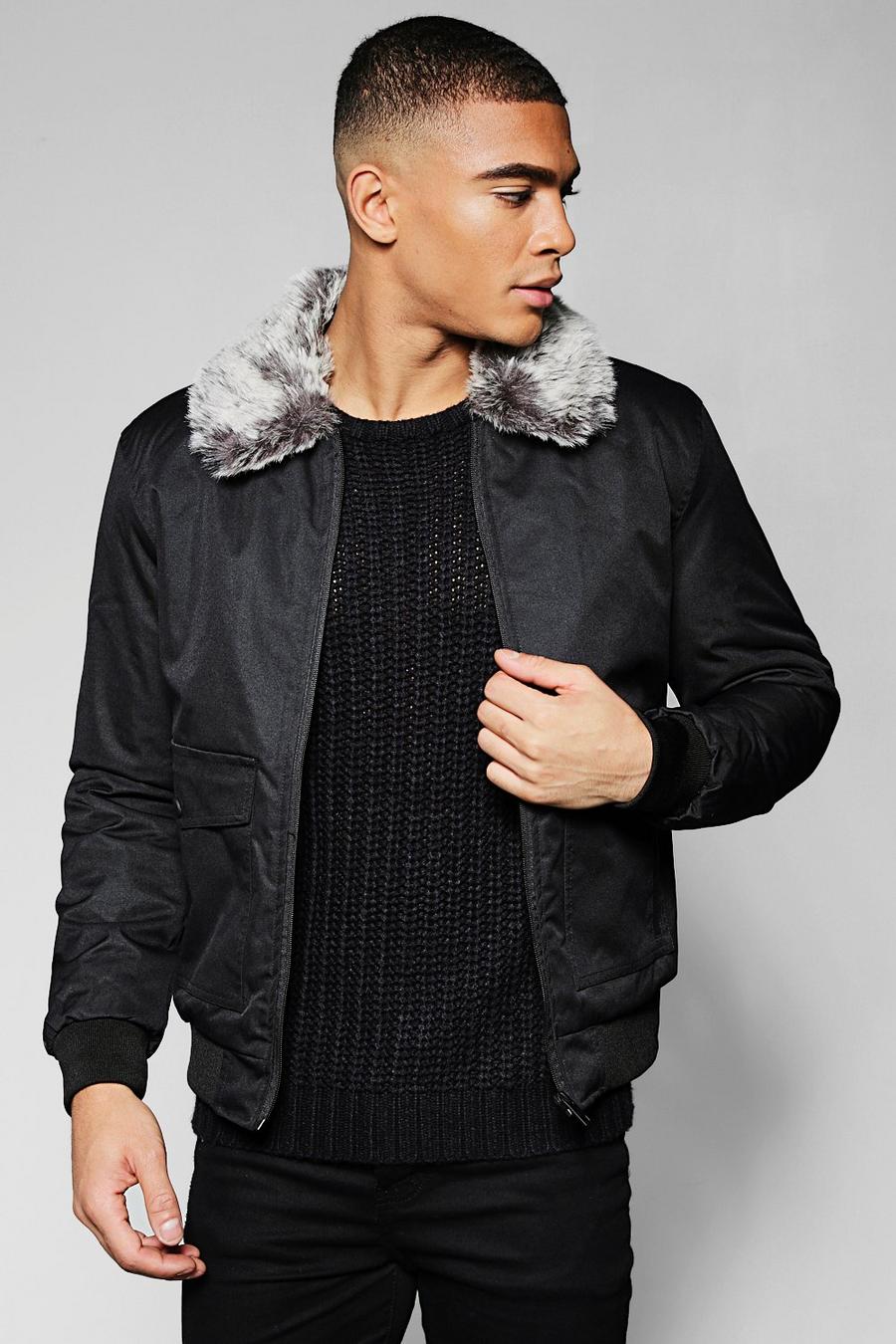 Black Bomber Jacket With Faux Fur Collar image number 1