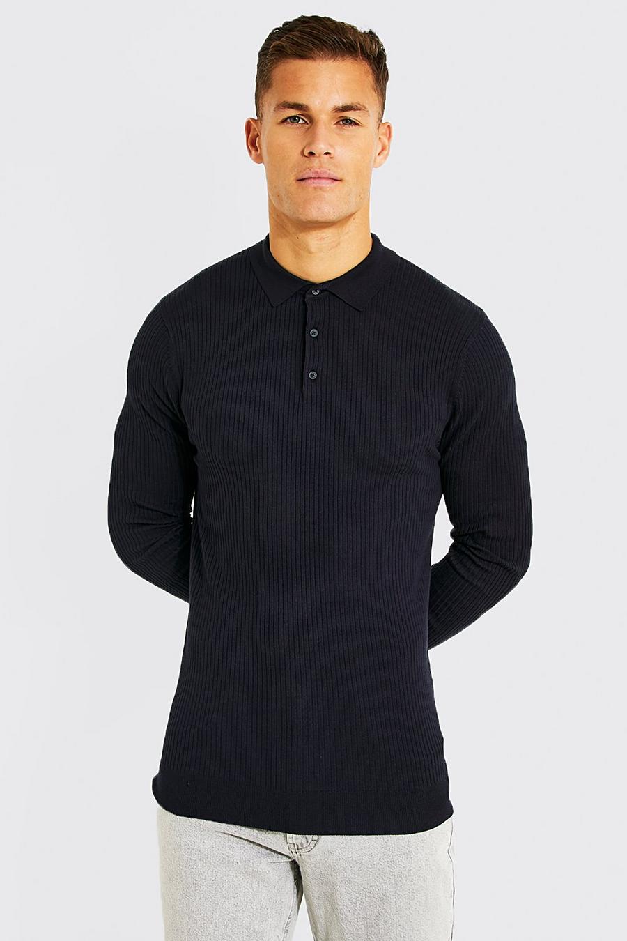 Navy Tall Muscle Fit Ribbed Knit Polo image number 1