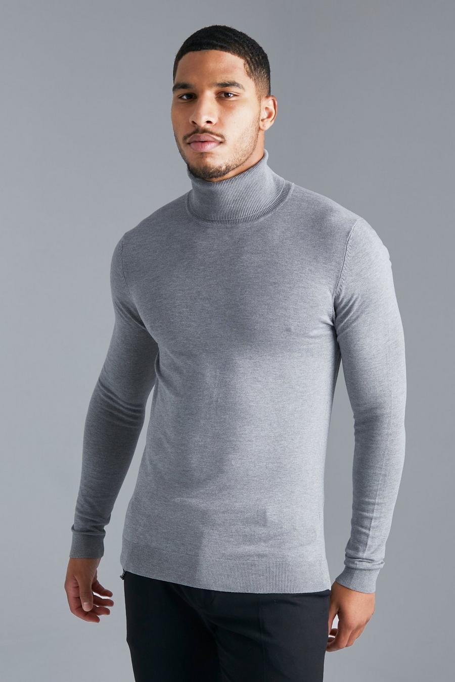 Grey marl סוודר בגזרה רגילה מבד ממוחזר עם צווארון נגלל, לגברים גבוהים