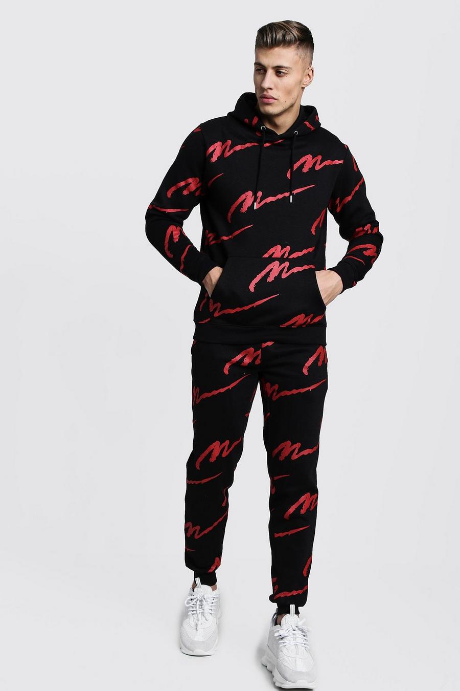 Black All Over Red MAN Print Hooded Tracksuit image number 1