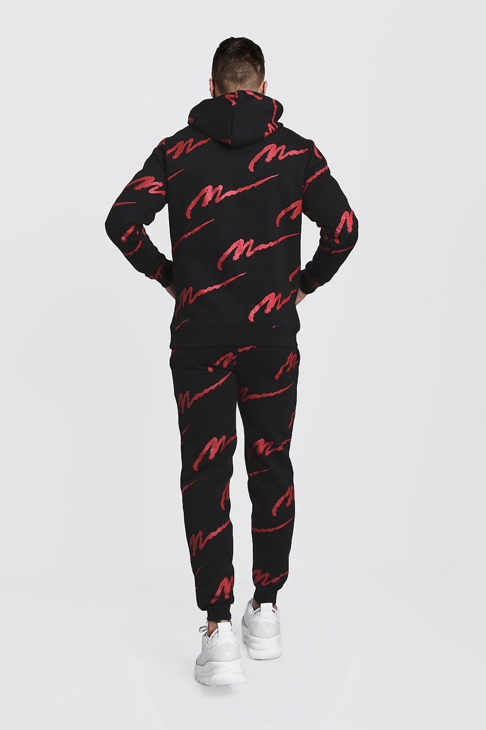 All Over MAN Printed Hooded Tracksuit, Boohoo Man Tracksuit Bottoms