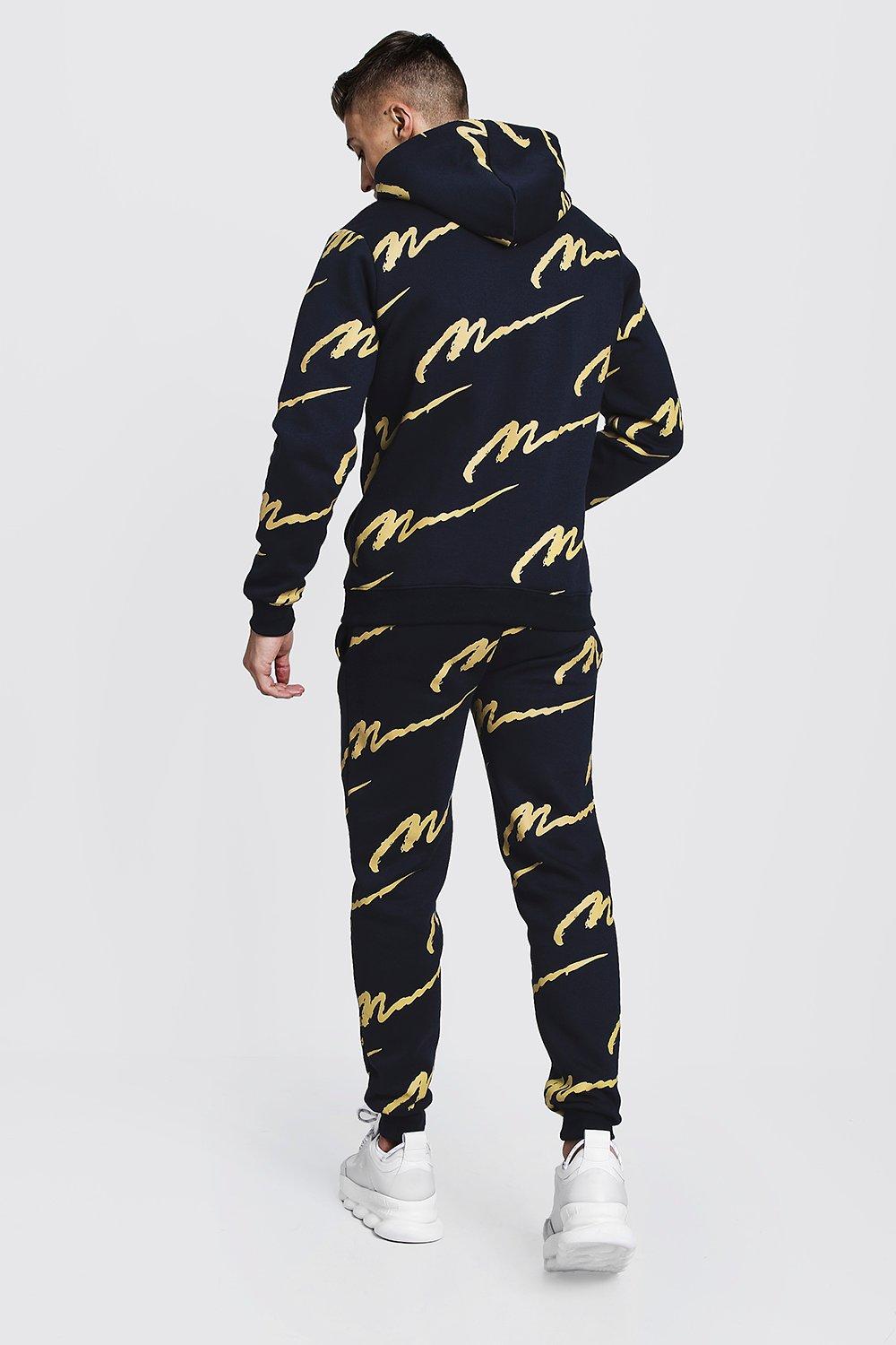 All over man store printed hooded tracksuit black