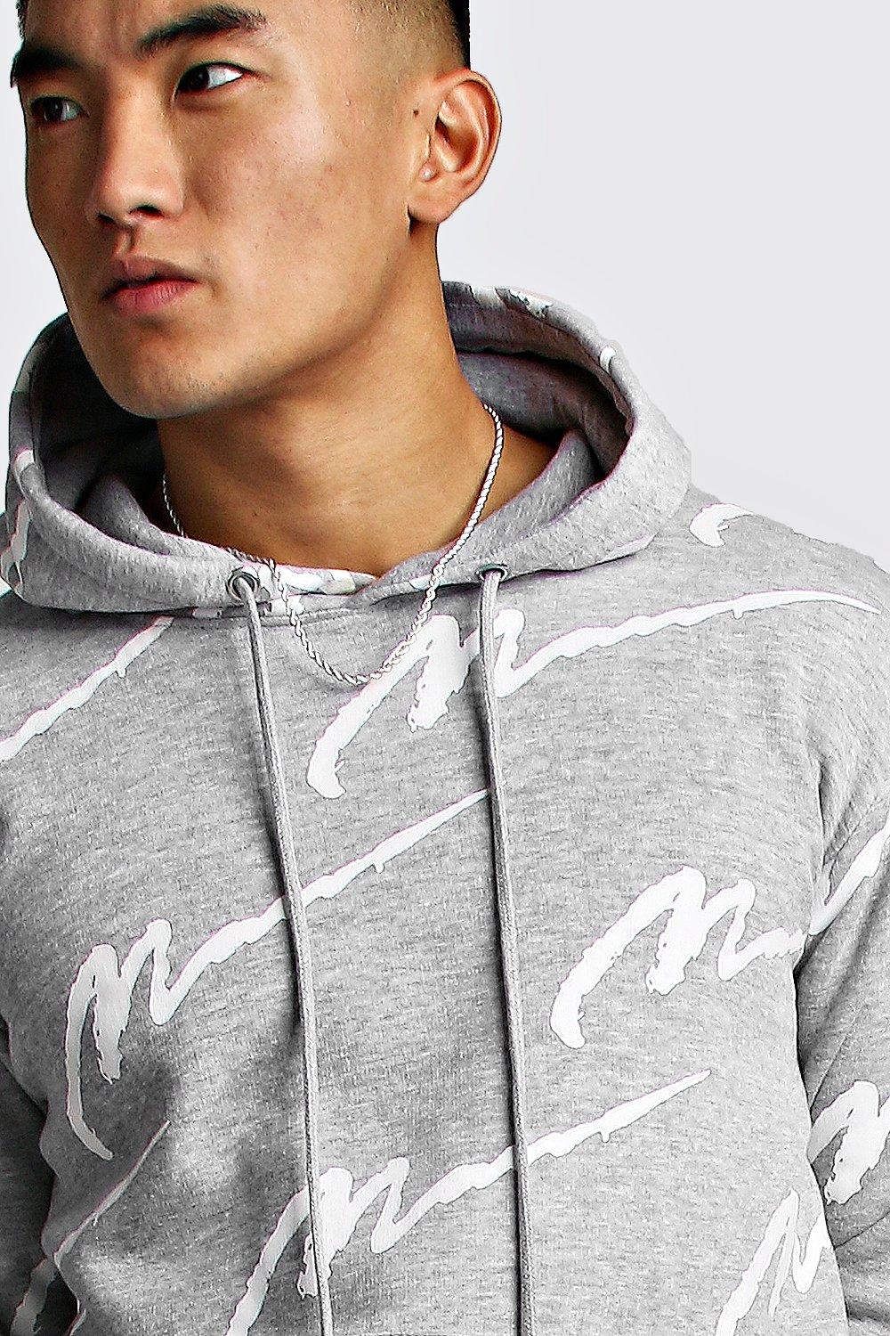 all over man printed hooded tracksuit grey