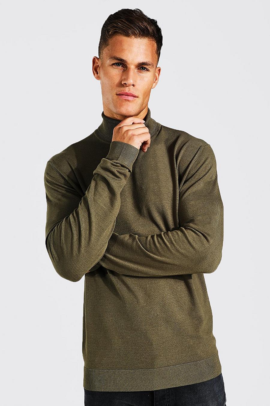 Khaki סוודר בגזרה רגילה מבד ממוחזר עם צווארון נגלל, לגברים גבוהים image number 1