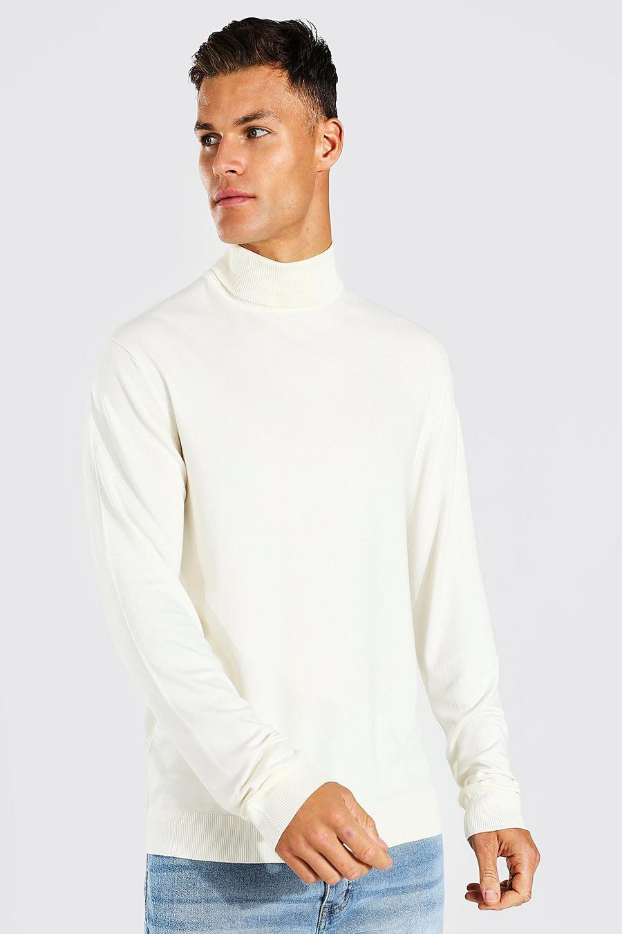 Cream white סוודר בגזרה רגילה מבד ממוחזר עם צווארון נגלל, לגברים גבוהים