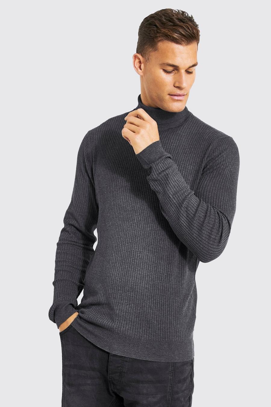 Charcoal Tall Roll Neck Ribbed Jumper image number 1
