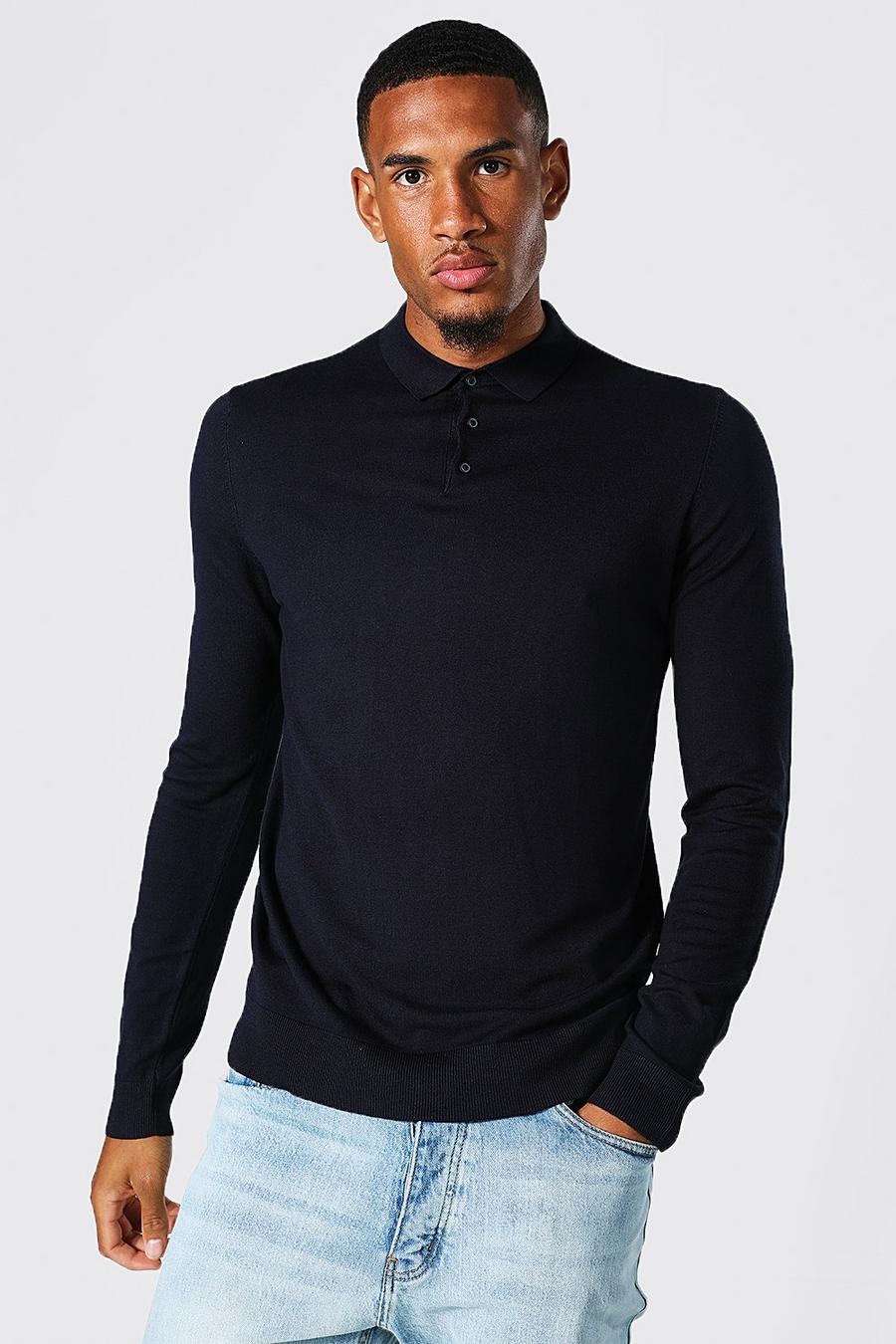 Navy Tall Long Sleeve Knitted Polo image number 1