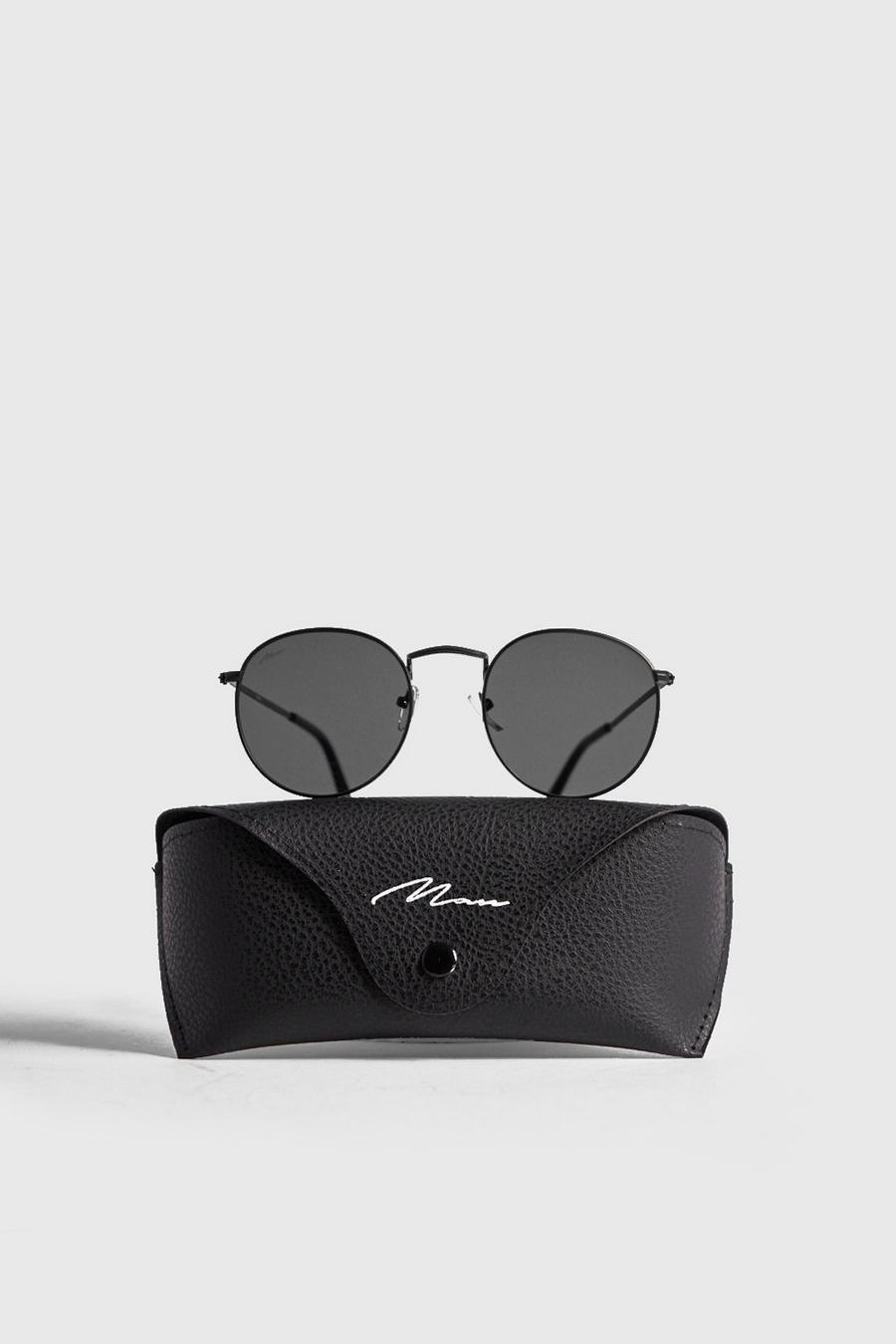 Black MAN Branded Round Sunglasses With Case image number 1