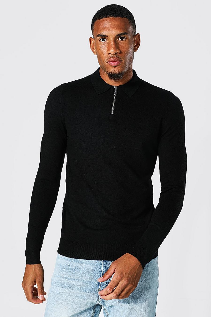 Black Tall Half Zip Knitted Polo image number 1