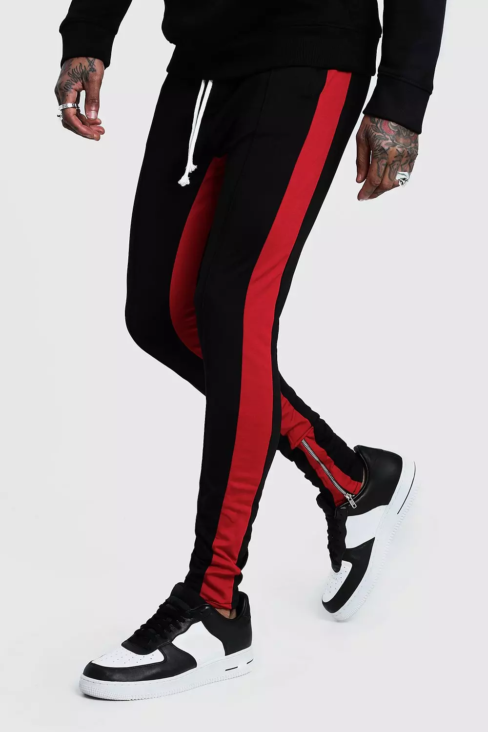 Mens black joggers with red stripe online