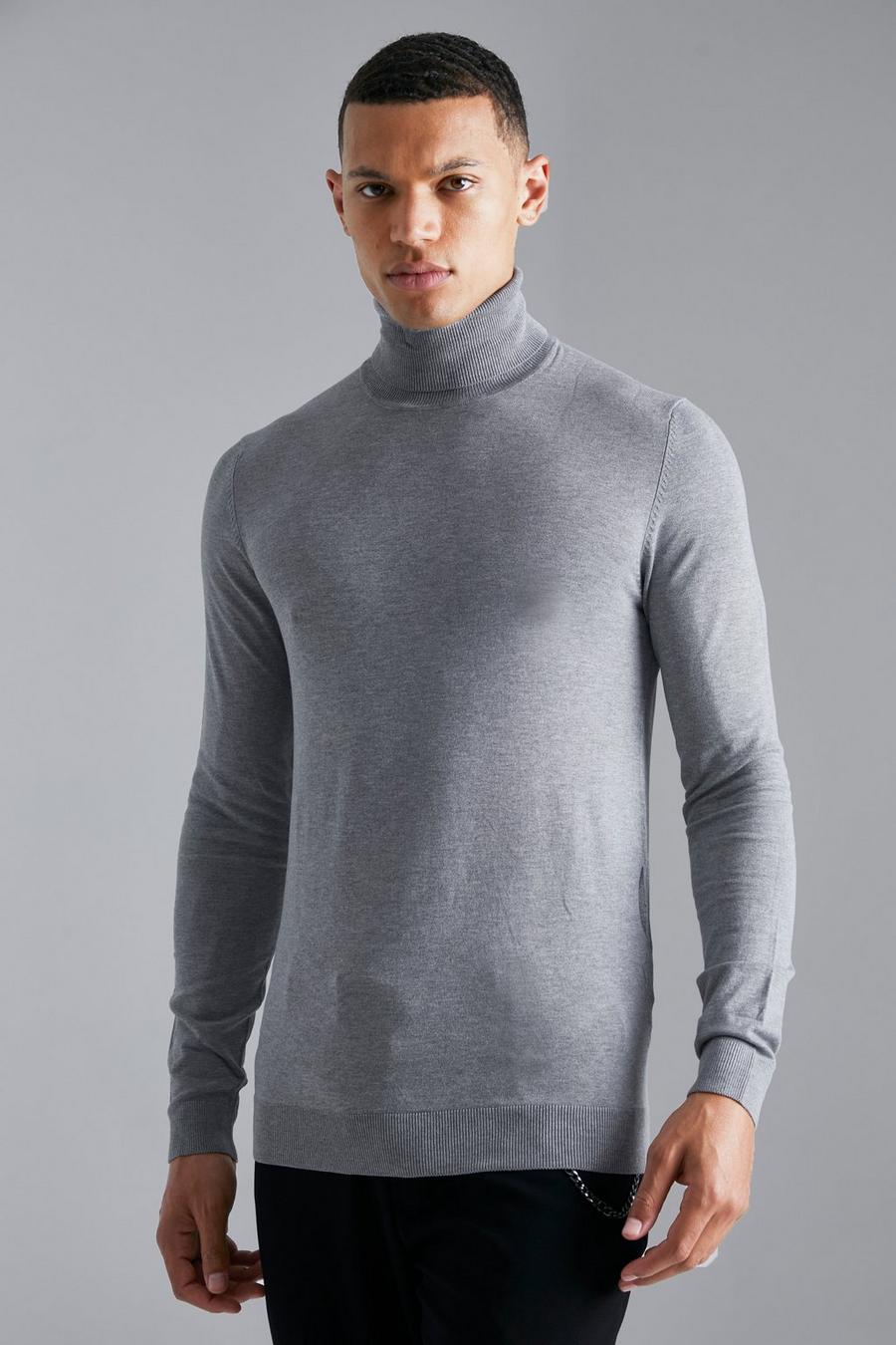 סלע אפור grey סוודר בגזרה צמודה מבד ממוחזר עם צווארון גולף לגברים גבוהים