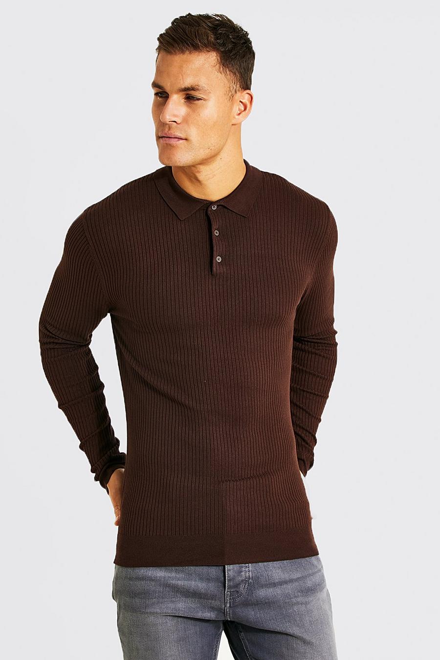 Chocolate brown חולצת פולו ארוגה בגזרה צמודה מבד ממוחזר לגברים גבוהים