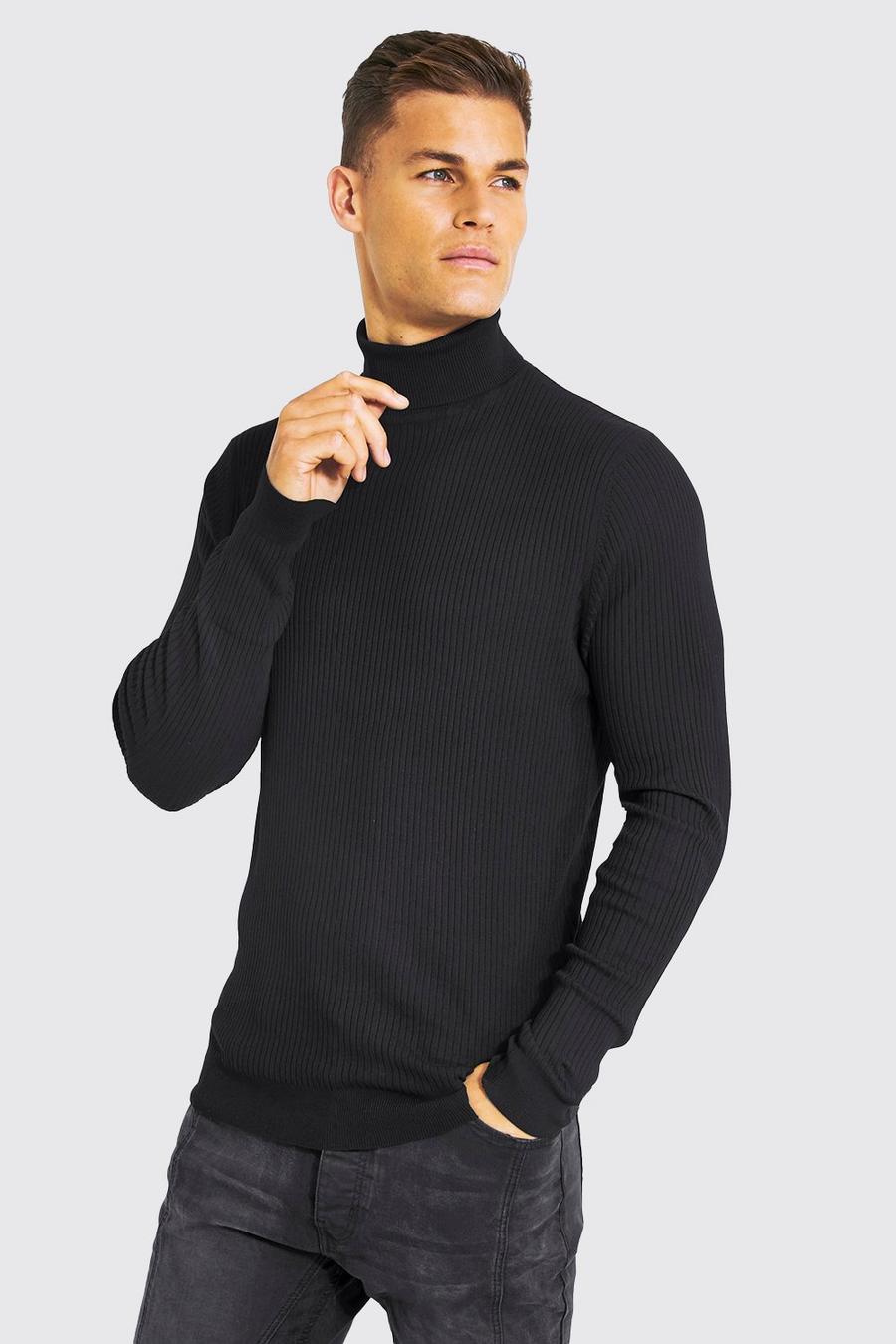 Maglione Tall in maglia riciclata a coste con collo alto, Black nero