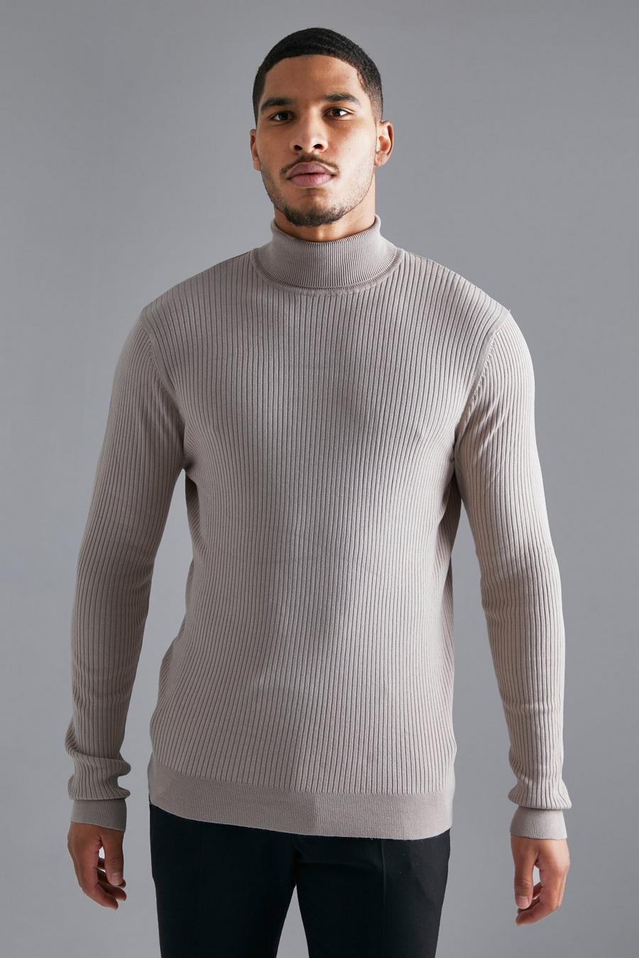 Taupe Tall Roll Neck Ribbed Jumper image number 1