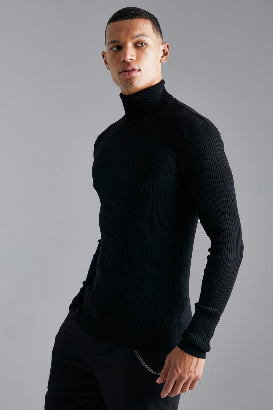 Maglione Tall attillato in fibre riciclate a coste con collo alto, Black