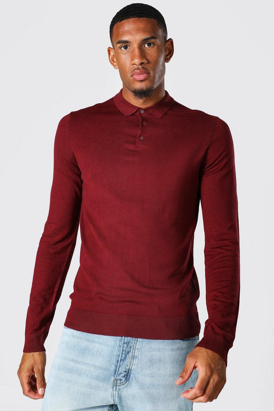 Burgundy red חולצת פולו סרוגה מבד ממוחזר עם שרוולים ארוכים, לגברים גבוהים