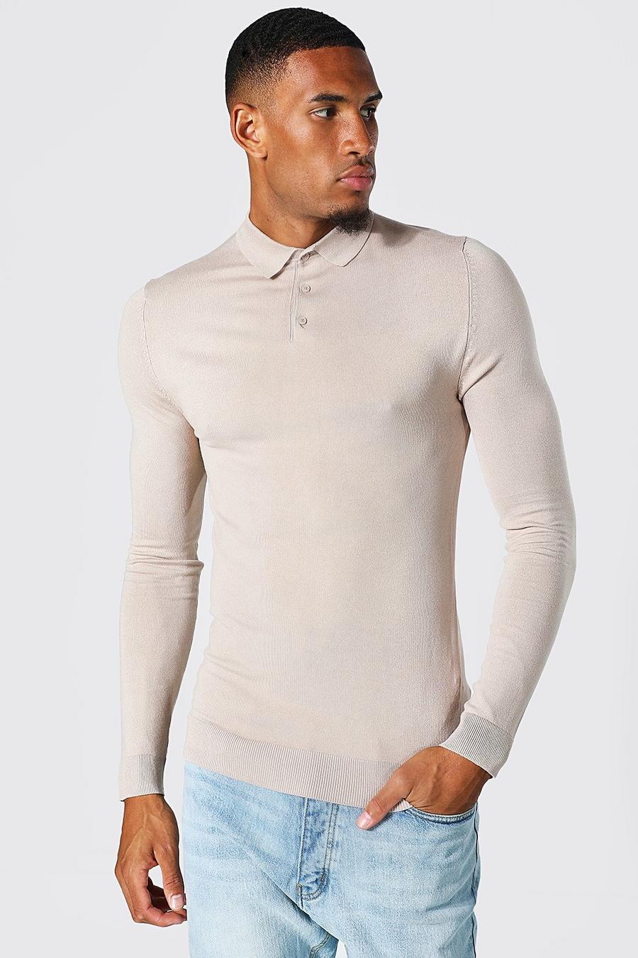 Taupe Tall Muscle Fit Knitted Polo image number 1