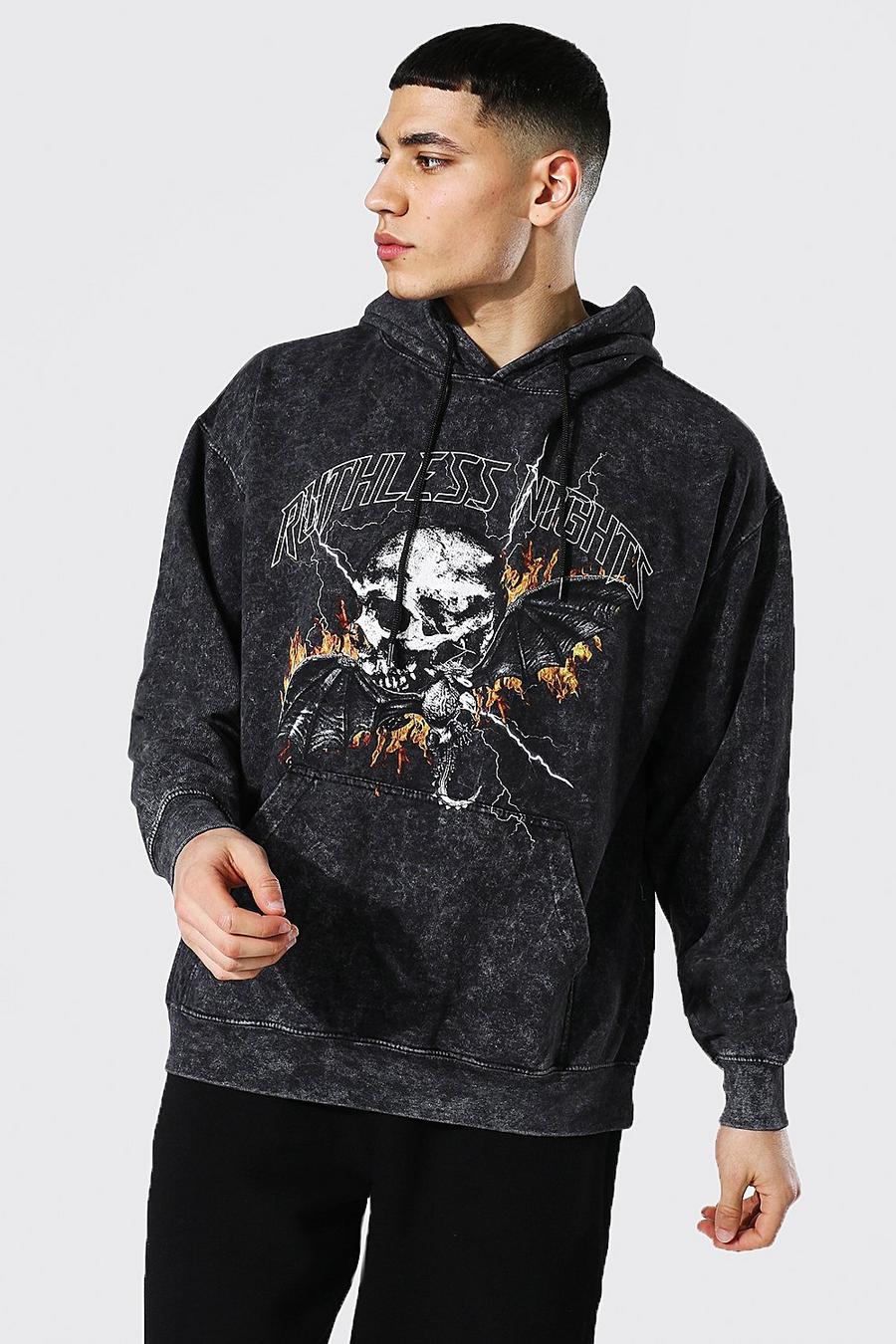 Charcoal Oversized Ruthless Nights Acid Wash Hoodie image number 1