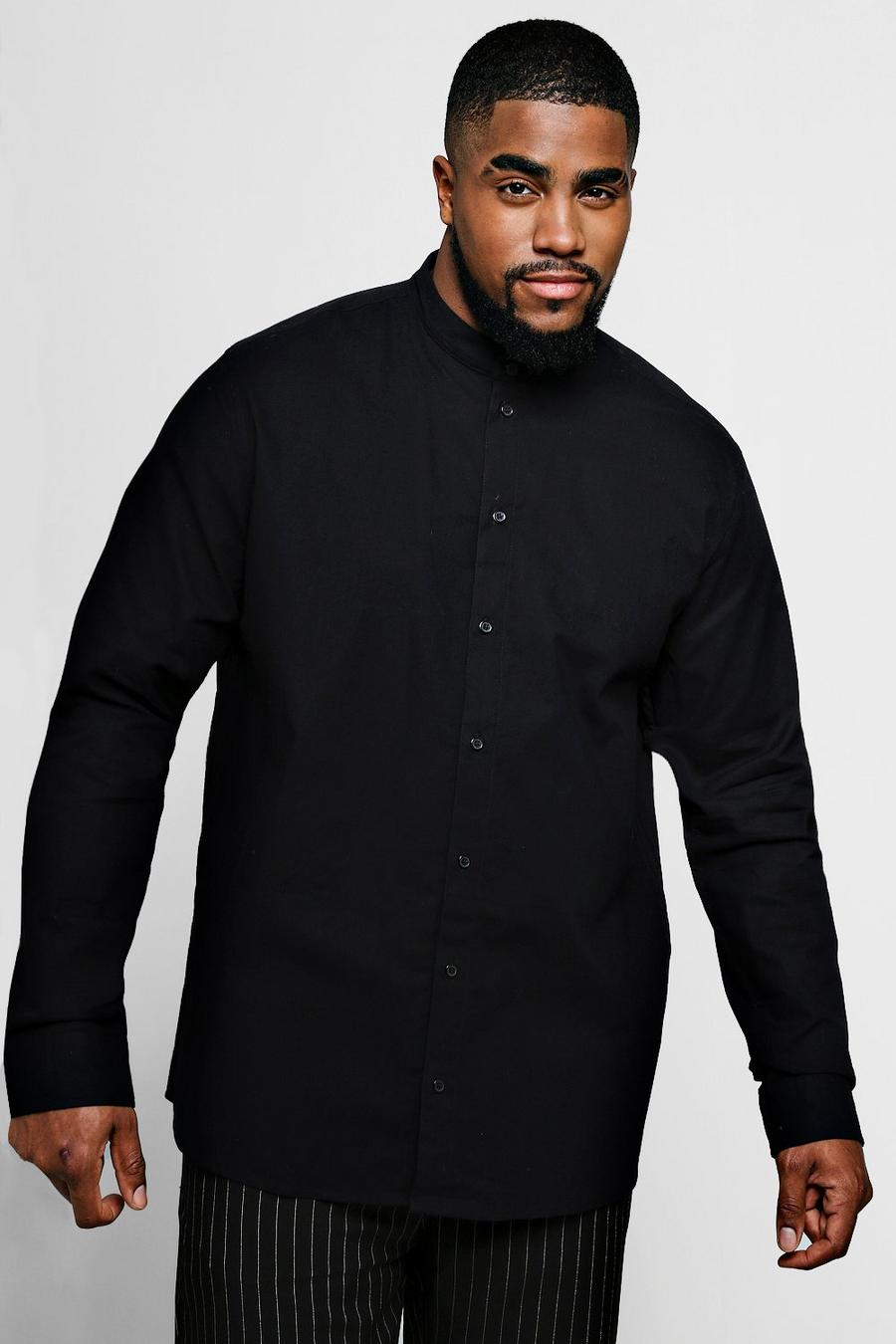 Black schwarz Plus Size Grandad Collar Oxford Shirt image number 1