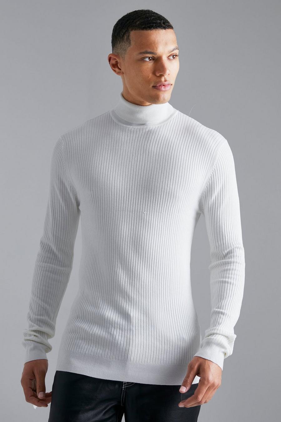 לבן white סוודר ארוג בגזרה צמודה מבד ממוחזר עם צווארון נגלל, לגברים גבוהים