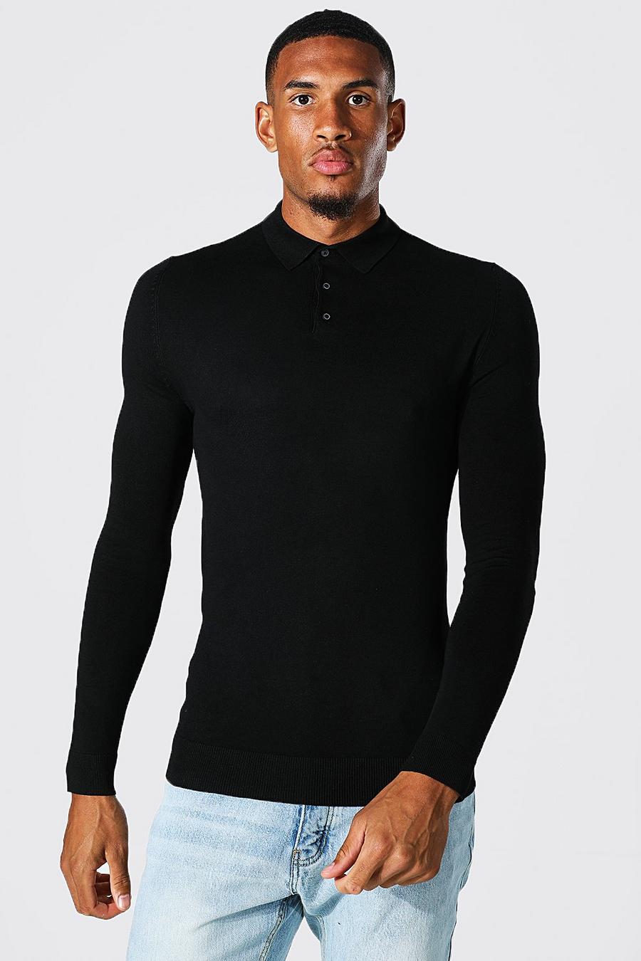 Black Tall Gebreide Muscle Fit Polo image number 1