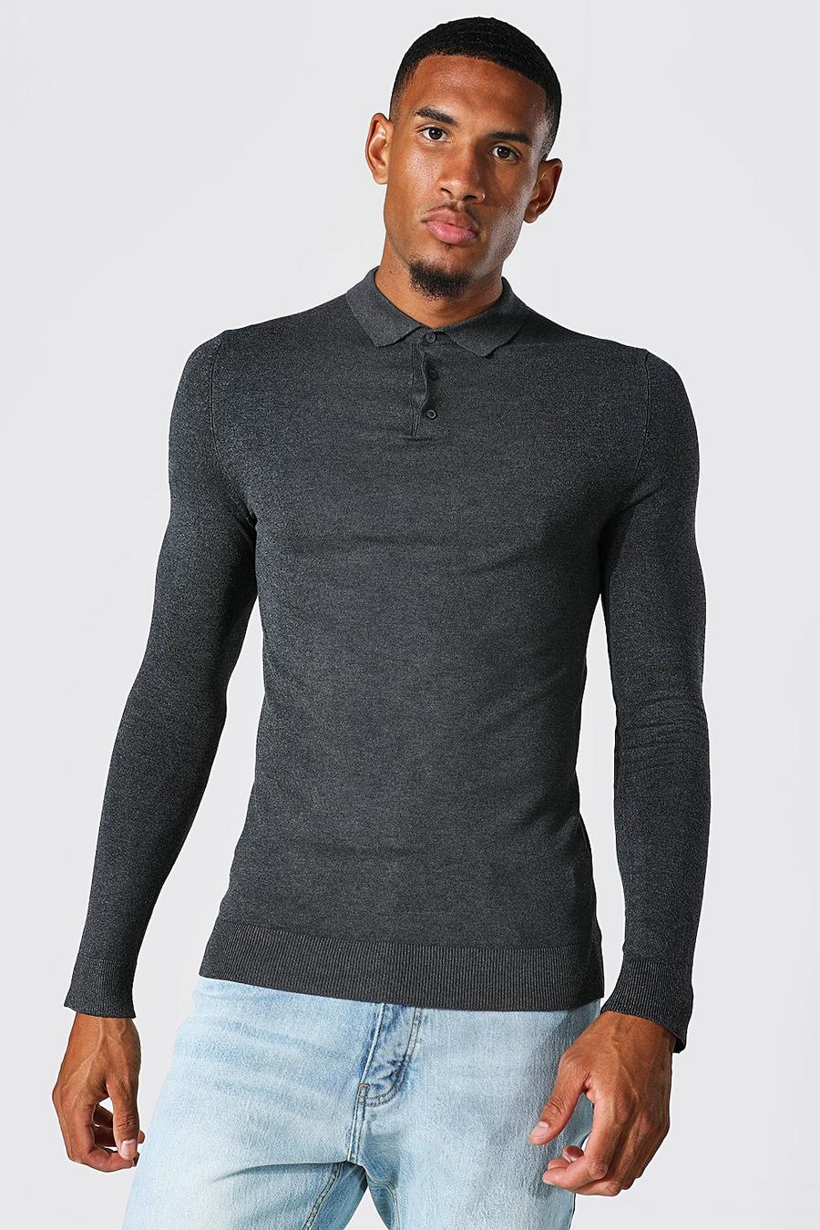 Charcoal Tall Muscle Fit Knitted Polo image number 1
