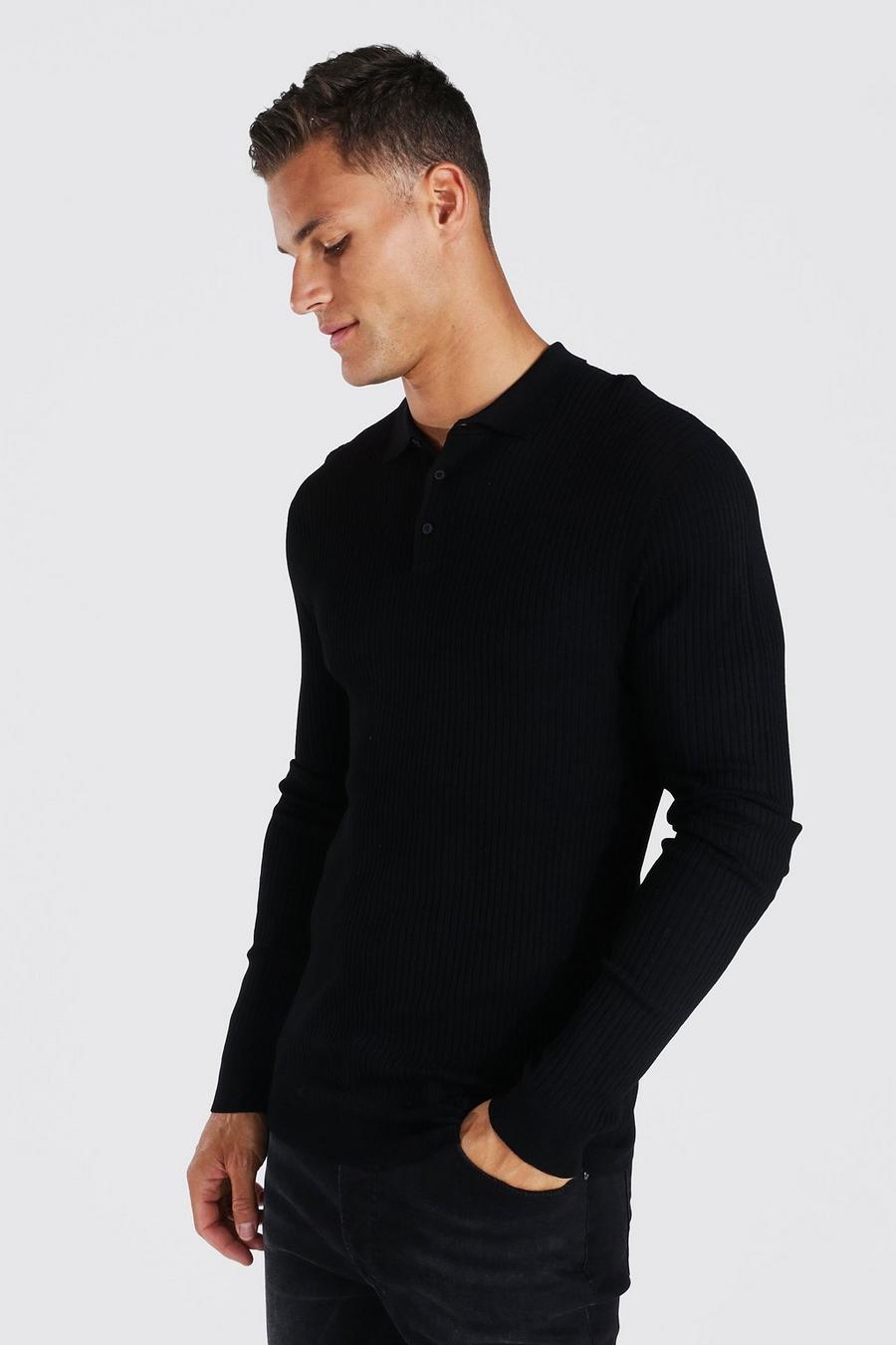 Black Tall Muscle Fit Ribbed Knit Polo
