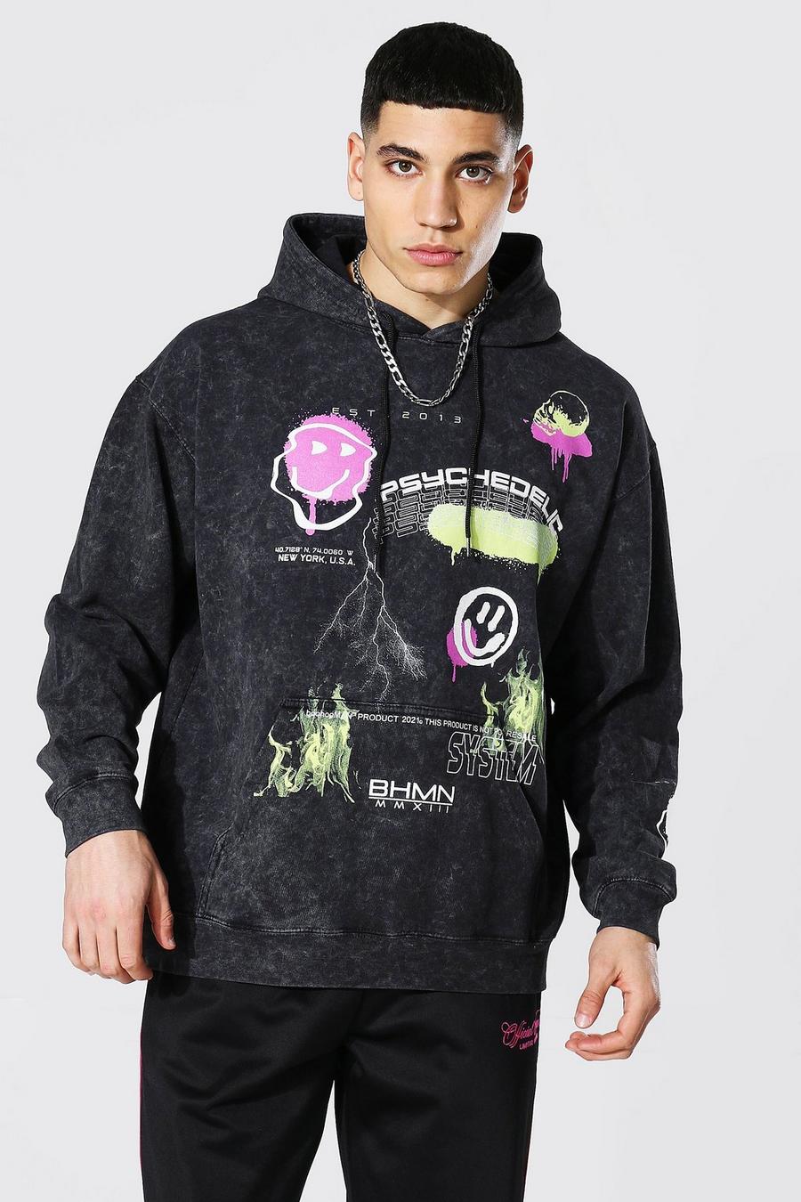 Charcoal Oversize stentvättad hoodie med graffititryck image number 1