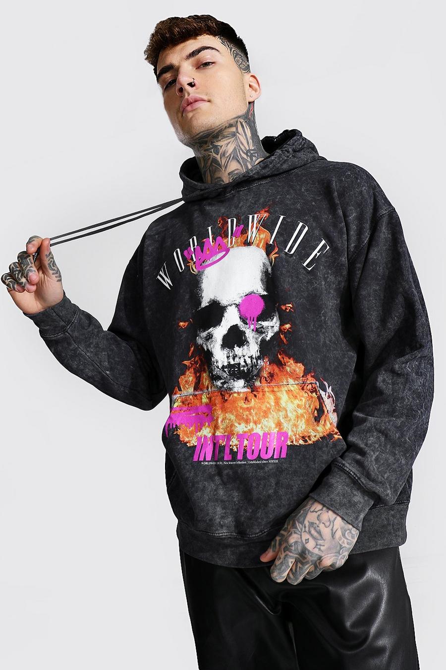 Charcoal Oversize stentvättad hoodie med eldsflammor och dödskalle image number 1
