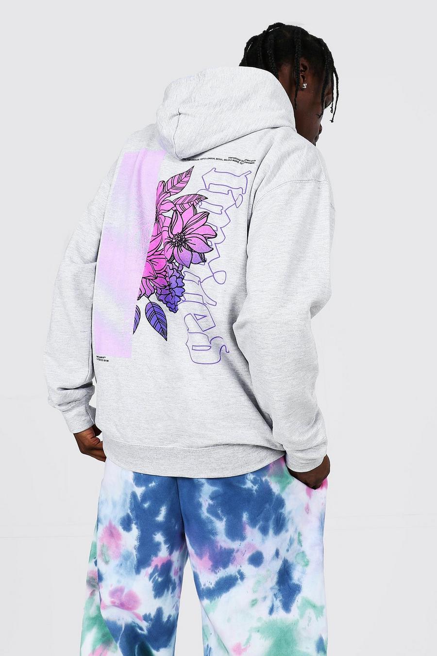 Camiseta con capucha ancha con estampado floral por detrás, Marga gris image number 1